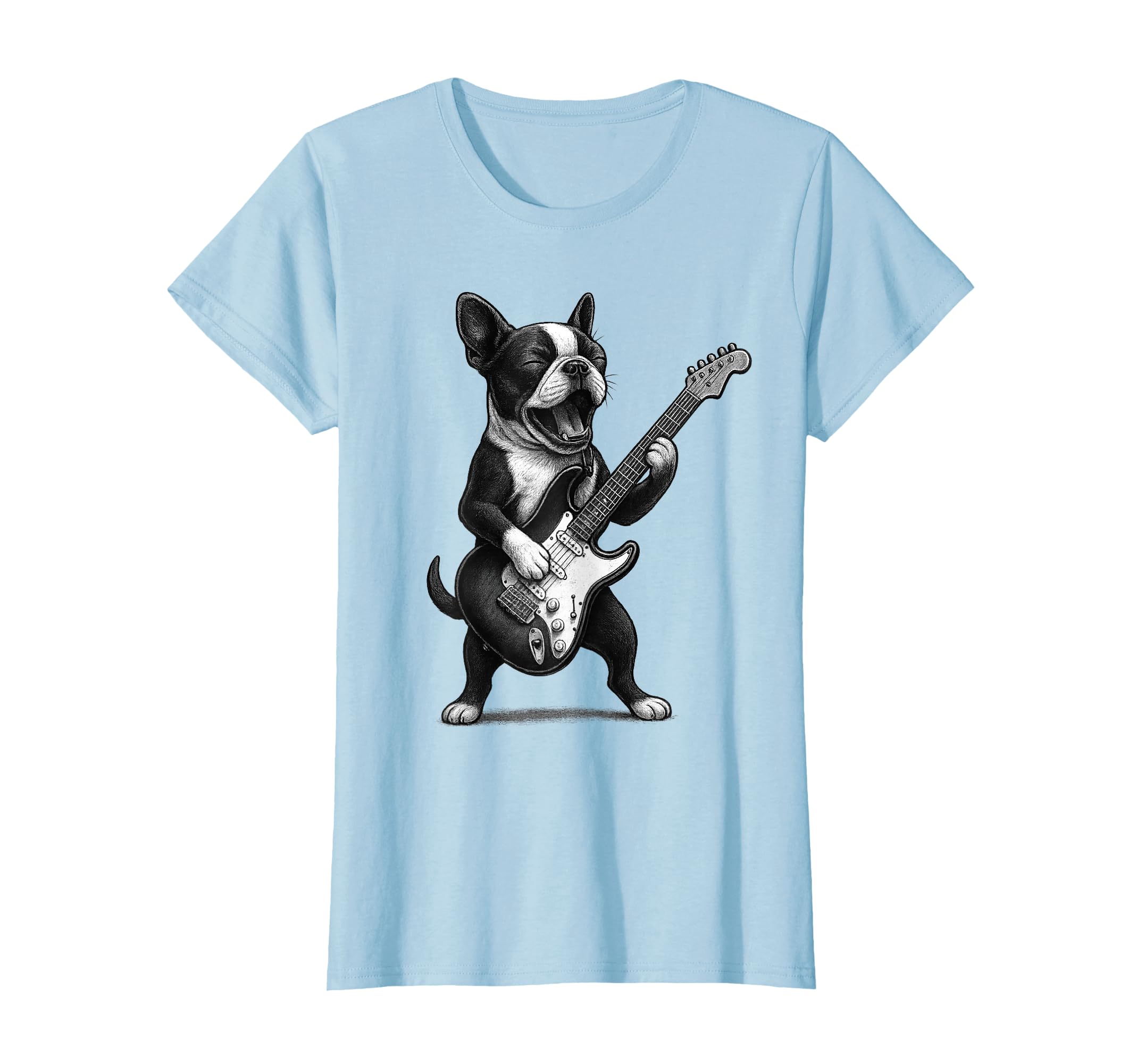 Футболка с рисунком Бостон-терьер Гитарист Рок-музыка Любитель собак