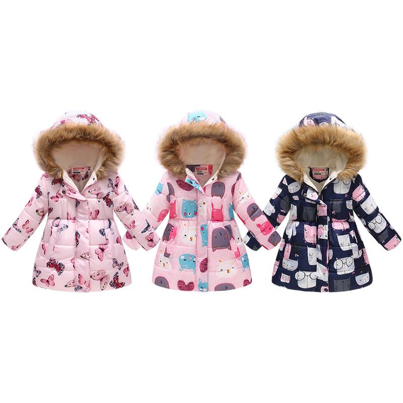 Autumn and Winter Children's Cotton Jacket Boys and Girls Fashion Printing Cartoon Big Boy Long Section Hair Collar Hooded Cotton Coat Jacket