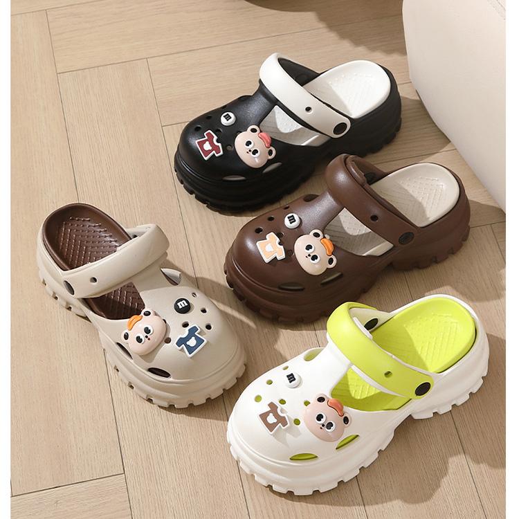 Unisex Summer Large Size Thick Bottom Cartoon Bear Indoor Hole Beach Sandals Women Men Casual Sponge Cake Anti Slip Slippers For Couples 36-41