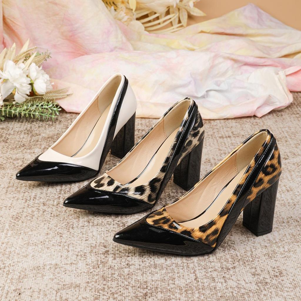 Chunky Heel Patent Leather Pointed Toe Low-Cut High Heels for Women's Large Sizes 41-43