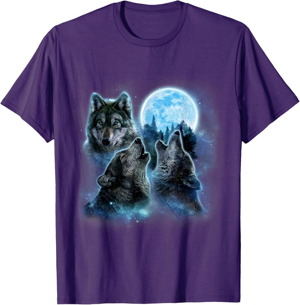 Three Wolves Howling Blue Full Moon Graphic Tee Breathable Cotton Casual T-Shirt for Men