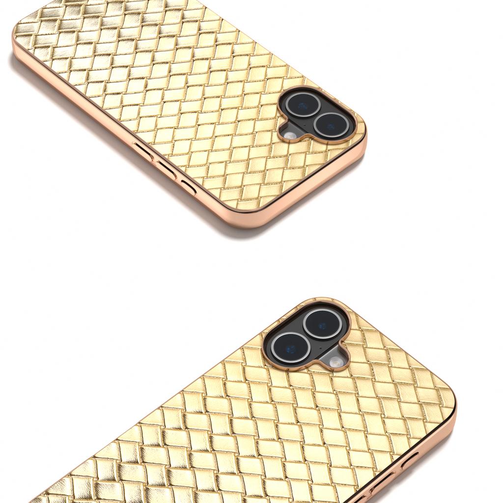 For iPhone 16 Plus Case Woven Texture Electroplating Edge Leather Coated PC+TPU Phone Cover