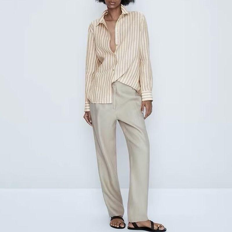 MD Women's Clothing 2023 Spring/Summer New Arrival Loose Plaid Cotton Striped Long Sleeved Casual Striped Shirt Female Sun Protection Top