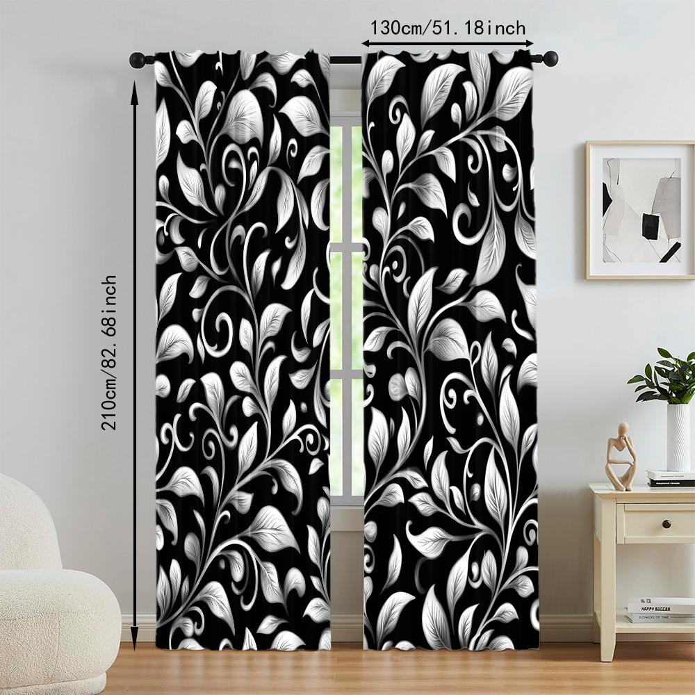 Versatile Polyester Transparent Curtains Home Decoration Black White Leaf Use Bedrooms Living Rooms Set Of 2 Made Area Decor