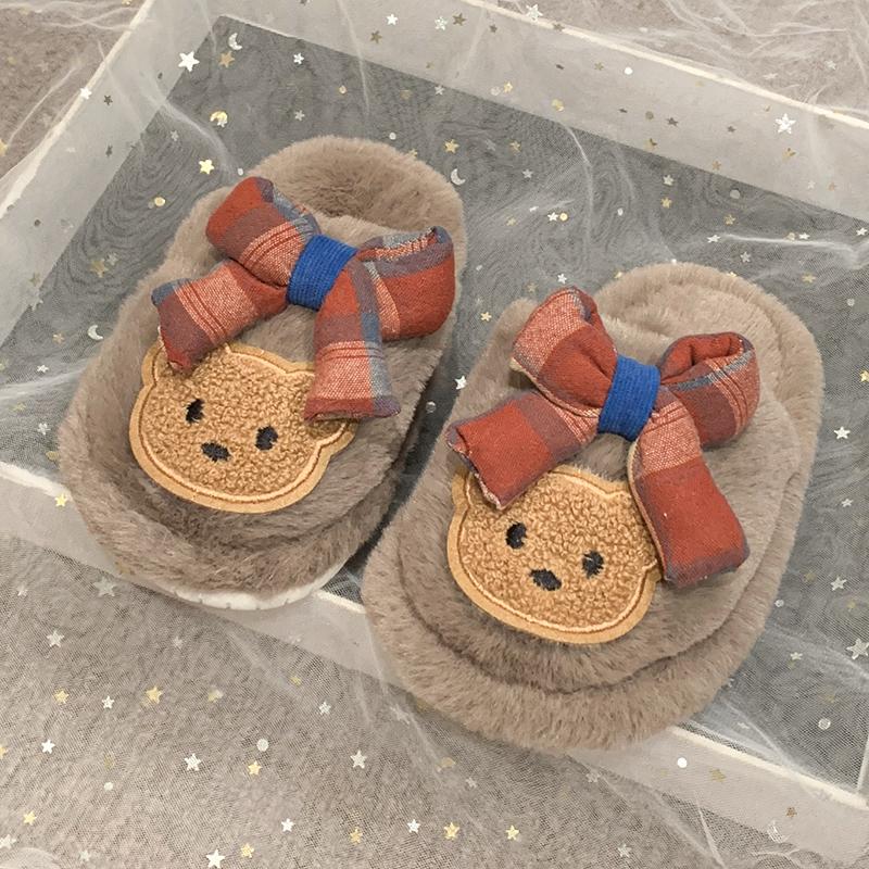 Chic Children's Slipper for Girls Cute Bear Bowknot Kids' Winter Shoes Soft Bottom Fluffy Toddlers Fashion Sweet Cotton Slippers