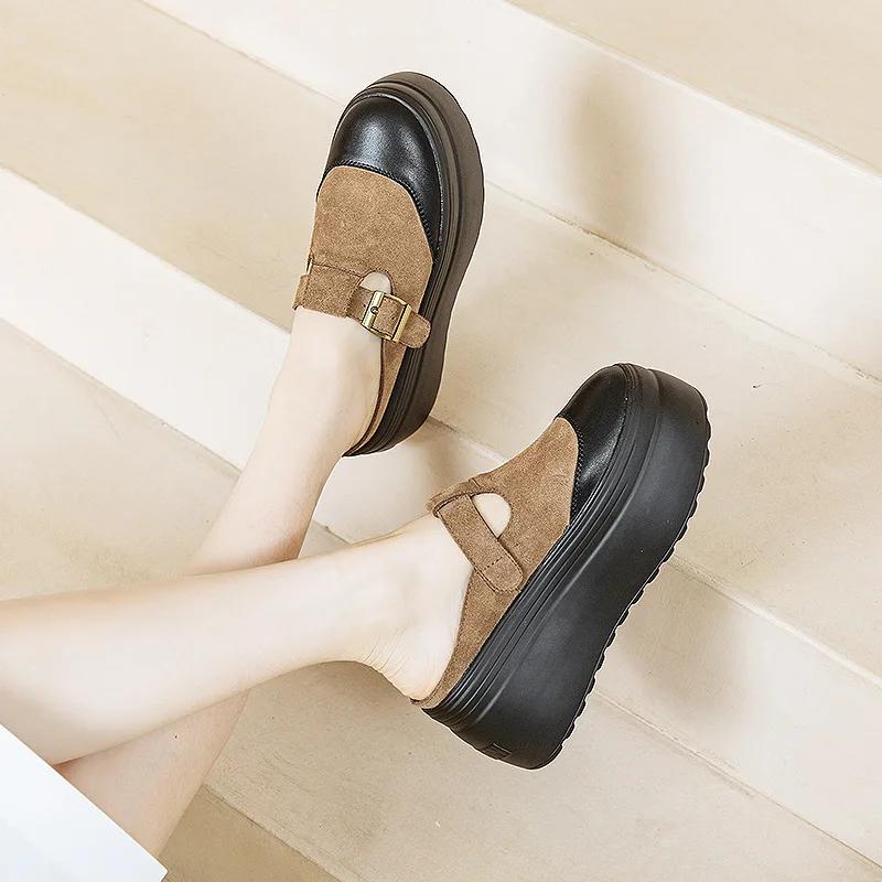 8cm Cow Suede Genuine Leather Summer Women Zandalias De Mujer Females Buckle Platform Slippers Wedge Flat Sandals Slides Shoes
