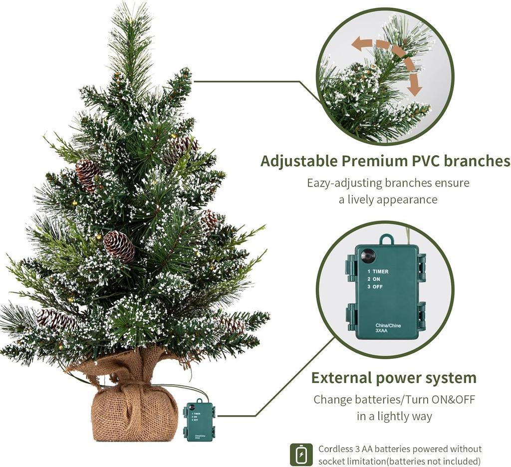 deeinglif 2ft Mini Christmas Tree with LED Lights, Pine, Branches, Cones, Cloth Bag Base – Holiday Decor