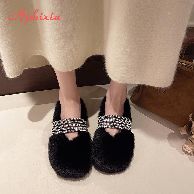 Aphixta Flache mit Fellpantoffeln für Damen Kristallband Slipper Damen Pantoletten Koreanischer Stil Luxusmarkenschuhe Designer