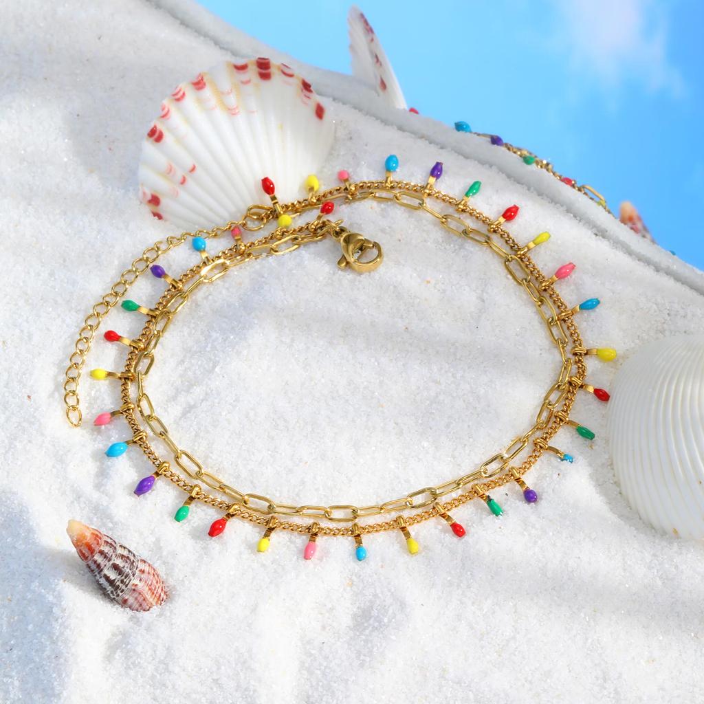 Women's Colored Double layer Anklet,Feet Chain Stainless Steel Anklets,Charm Ankle Bracelet Jewelry Gifts