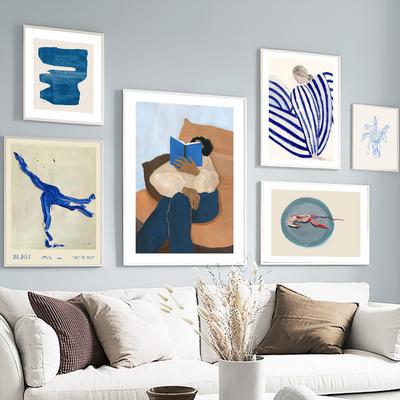 Blue Striped Girl Book Vase Wall Art Canvas Painting Abstract Posters And Prints Hotel Bar Wall Pictures For Living Room Decor
