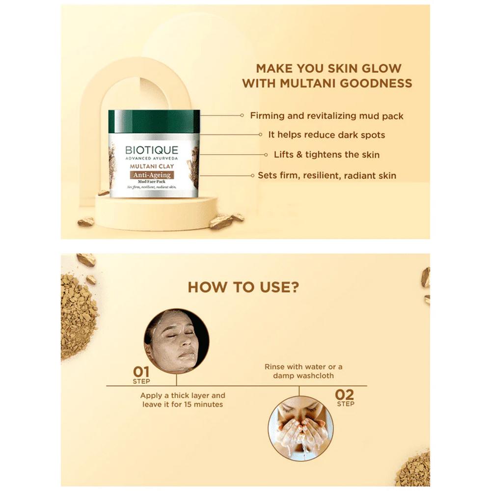 Biotique Multani Clay Anti Aging Mud Face Pack 75gm – Natural Firming Mask for Glowing Skin, Wrinkle Reduction