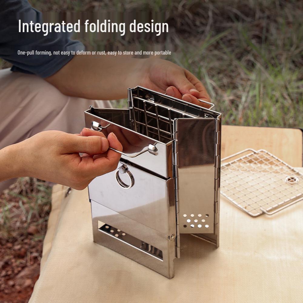 Mini Stainless Steel Outdoor Folding Wood & Charcoal BBQ Grill for Camping and Picnics