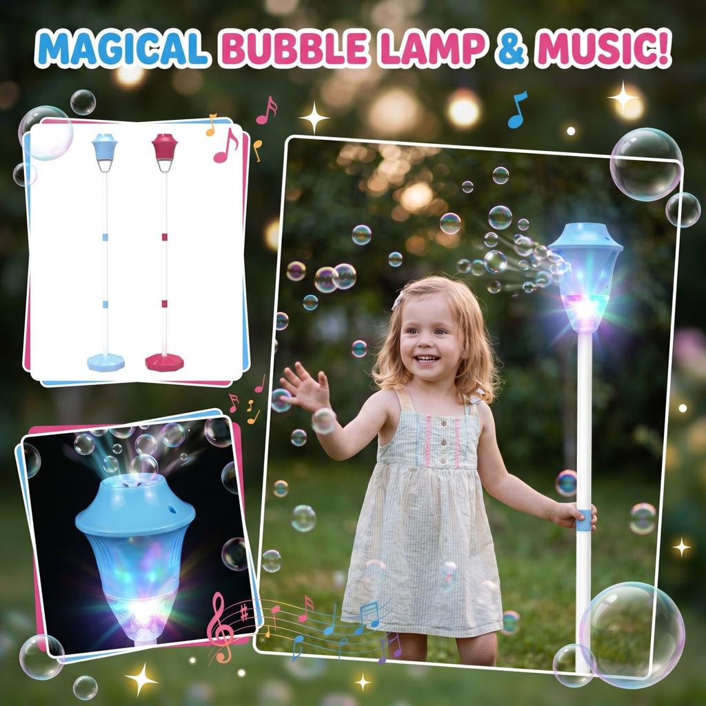Outdoor Bubble Machine with Sound and Light Effects Standing Bubble Blower Includes 140ml Bubble Solution for Kids Entertainment and Parties