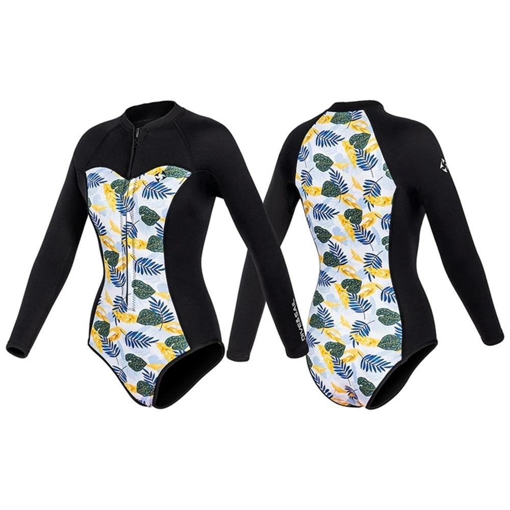 Summer Women 2MM Neoprene Bikini Wetsuit Long Sleeve Free Scuba Diving Suit Sun-proof Surfing Snorkeling One Piece Swimwear