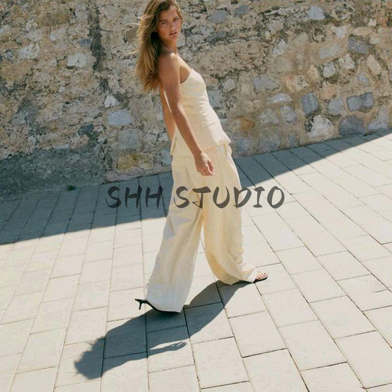 Button Vest Style off-the-Shoulder Tube Top Tops 5063731 High Waist Wide Leg Drape Pleated Pants 1255521