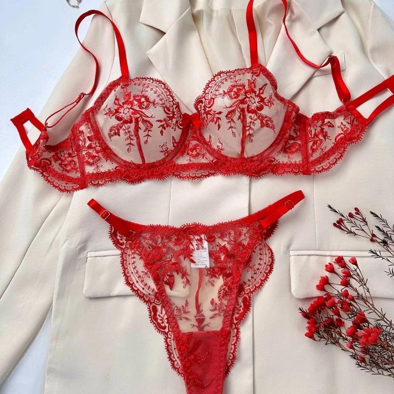 Flower Embroidery Perspective Mesh  Sexy Comfortable  Simple And Generous Lingerie Set Sexy Lingerie  Sexy Costume