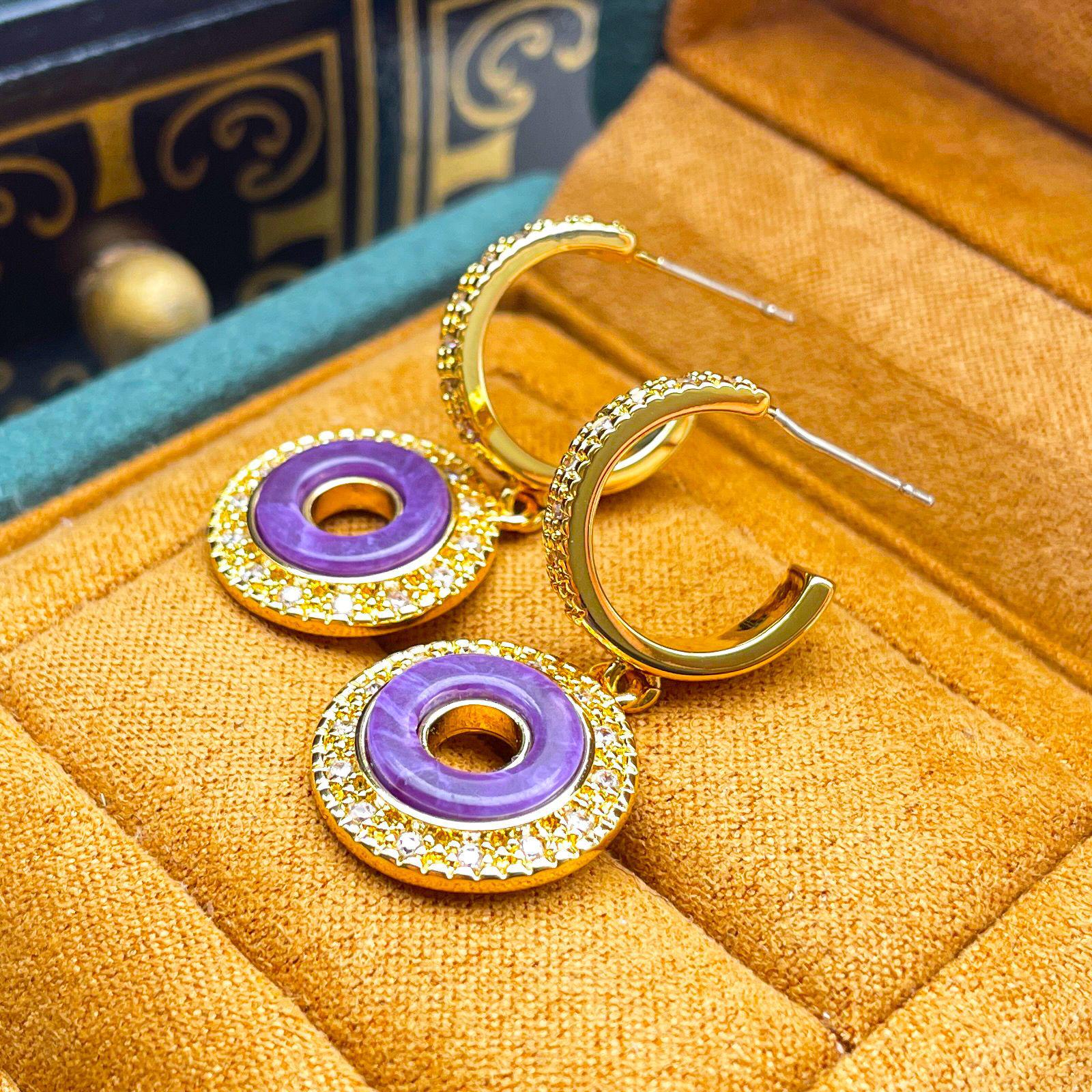 

Ретро Геометрические Серьги с Аметистом и Цирконом на Серебряных Иглах: Роскошный круглый дизайн для женщин