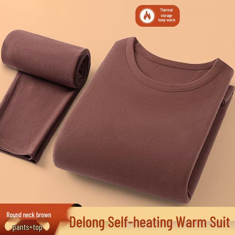 Męski Jesienno-Zimowy Ciepły Zestaw Bielizny z Okrągłym Dekoltem - Jednolity Kolor, Duży Rozmiar Warstwa Bazowa