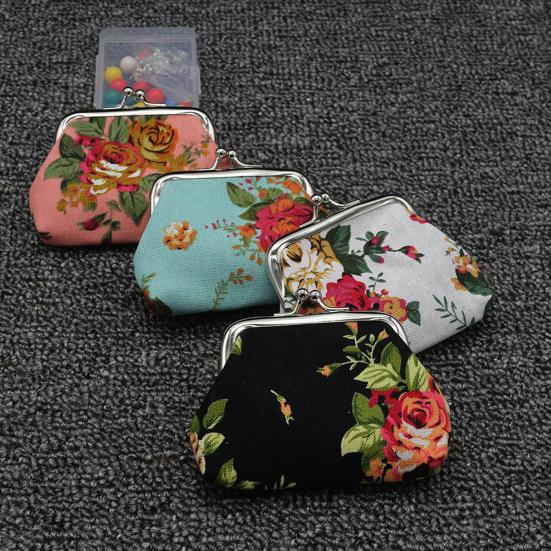 Blumen Canvas Kleine Münzbörse für Damen, Vintage Kiss-lock Kleingeldbörse, Mini Geldbörse für Kreditkarte, Lippenstift