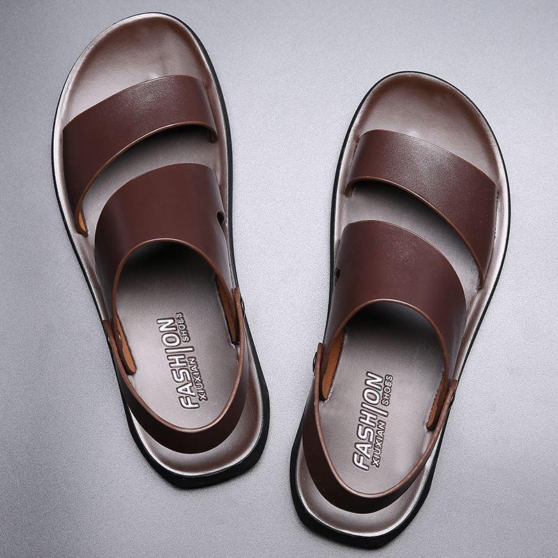 Men Black Leather Sandals Summer Brown Outdoor Hiking Sandals Wide Head Beach Shoes for Father Over Sized