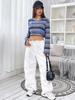 Women's Long Sleeve Round Neck Multicolor Striped Crop Top with Hollow Design