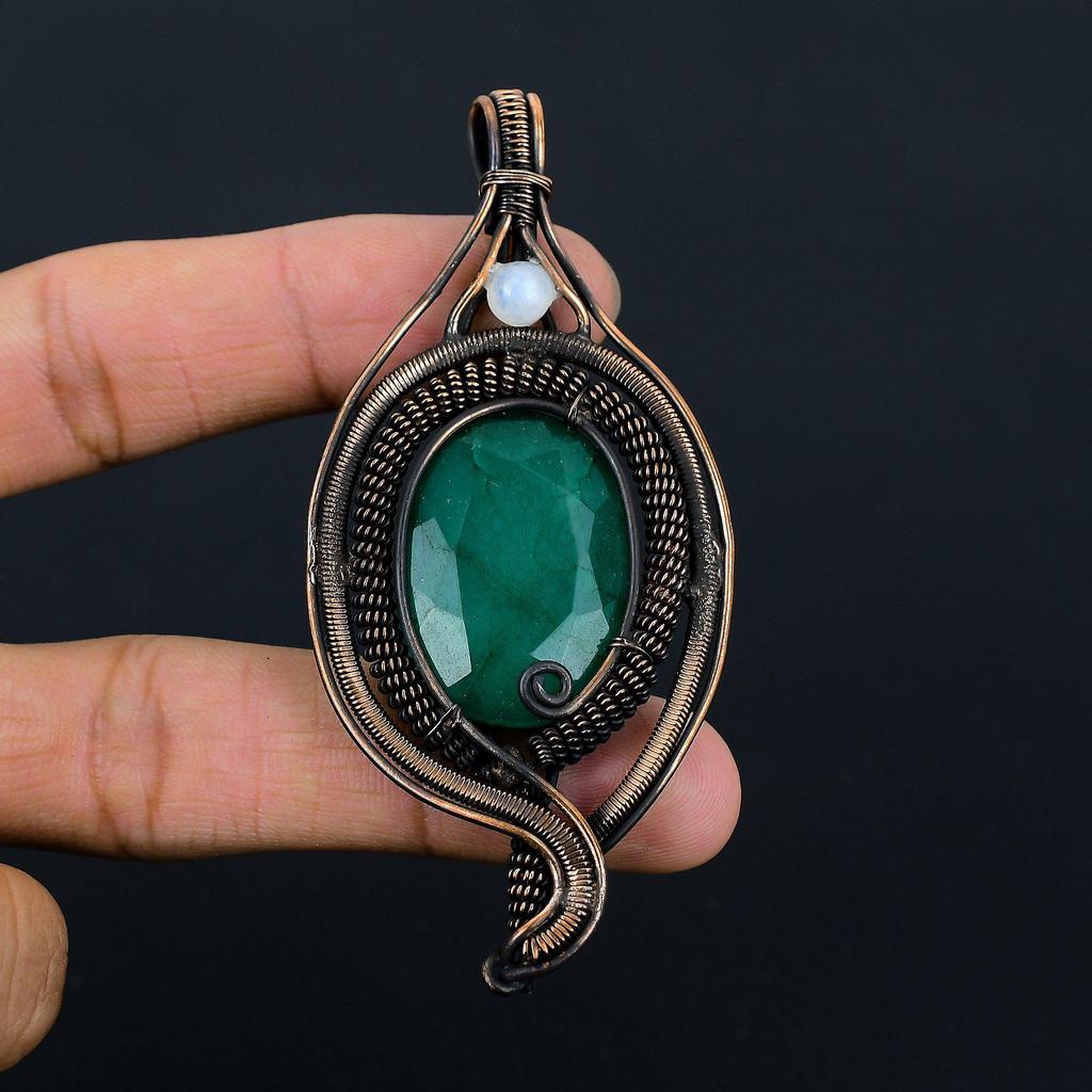 Emerald, Moonstone Gemstone Pure Copper Wire Wrapped Designer Handmade Pendant Jewelry Gift For Her