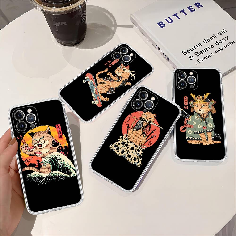 Japanese Samurai Cat Ramen Transparent Phone Case For IPhone 16 15 14 13 12 11 Pro Max Plus Soft Cover
