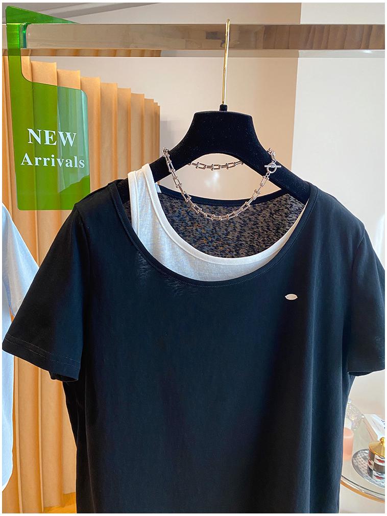 Plus Size Korean Snowflake Cotton Two-Piece Look T-Shirt, Women's Short Sleeve, Loose Casual Top (2026)