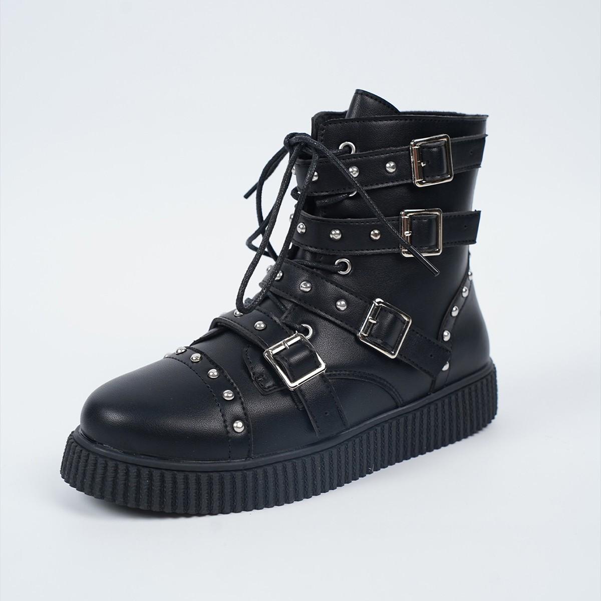 

Весенние новые ботильоны с круглым носком большого размера, женские, с заклепками, ремешком с пряжкой, боковой молнией, на плоской подошве 43 чёрный