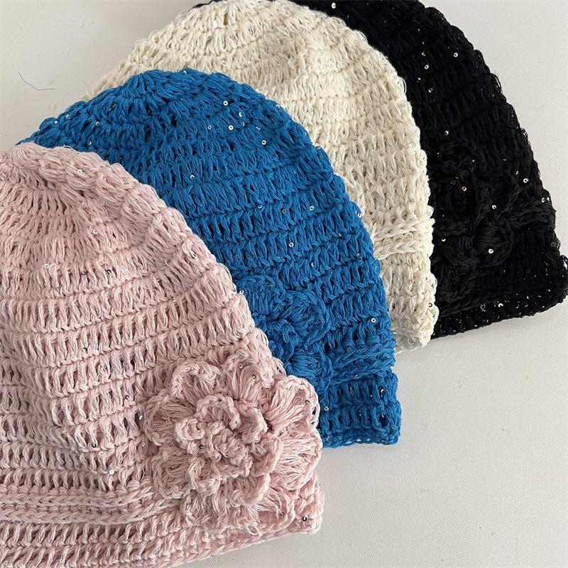 Sequined Flower Knitted Headgear Women's Spring and Summer Breathable Mesh Casual Versatile Retro Cold Hat Ear Protection Hat Shows Small Face