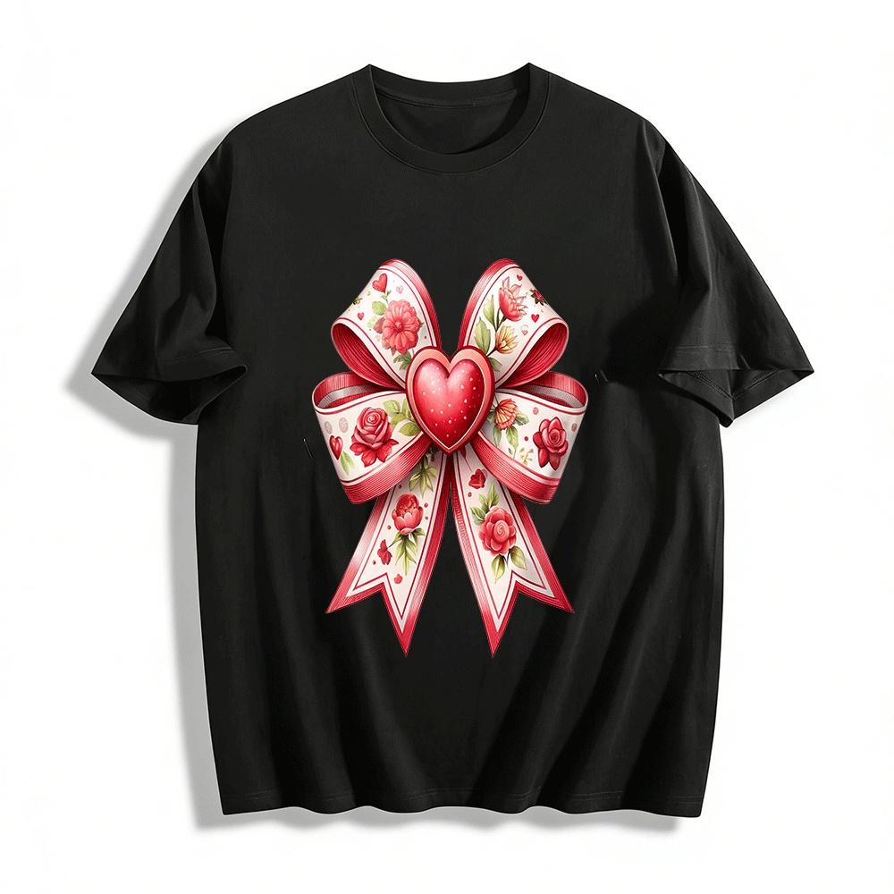 Romantic Floral Heart Bow Print Casual Top Pure cotton T-shirt XXS