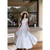 French Square Collar Layered Princess Cake Dress Temperament Waist Pinch Pleated Dress