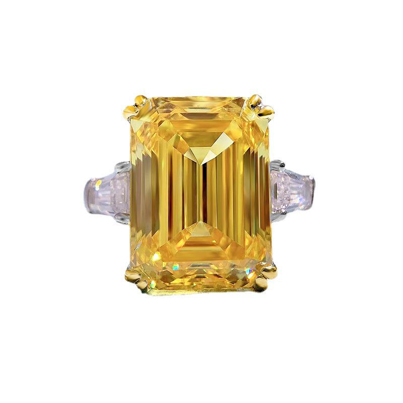 Hui Zhi Yi 2023 S925 Sterling Silver Yellow Diamond Ring for Women - European & American Style, High Carbon 11*15mm Gem