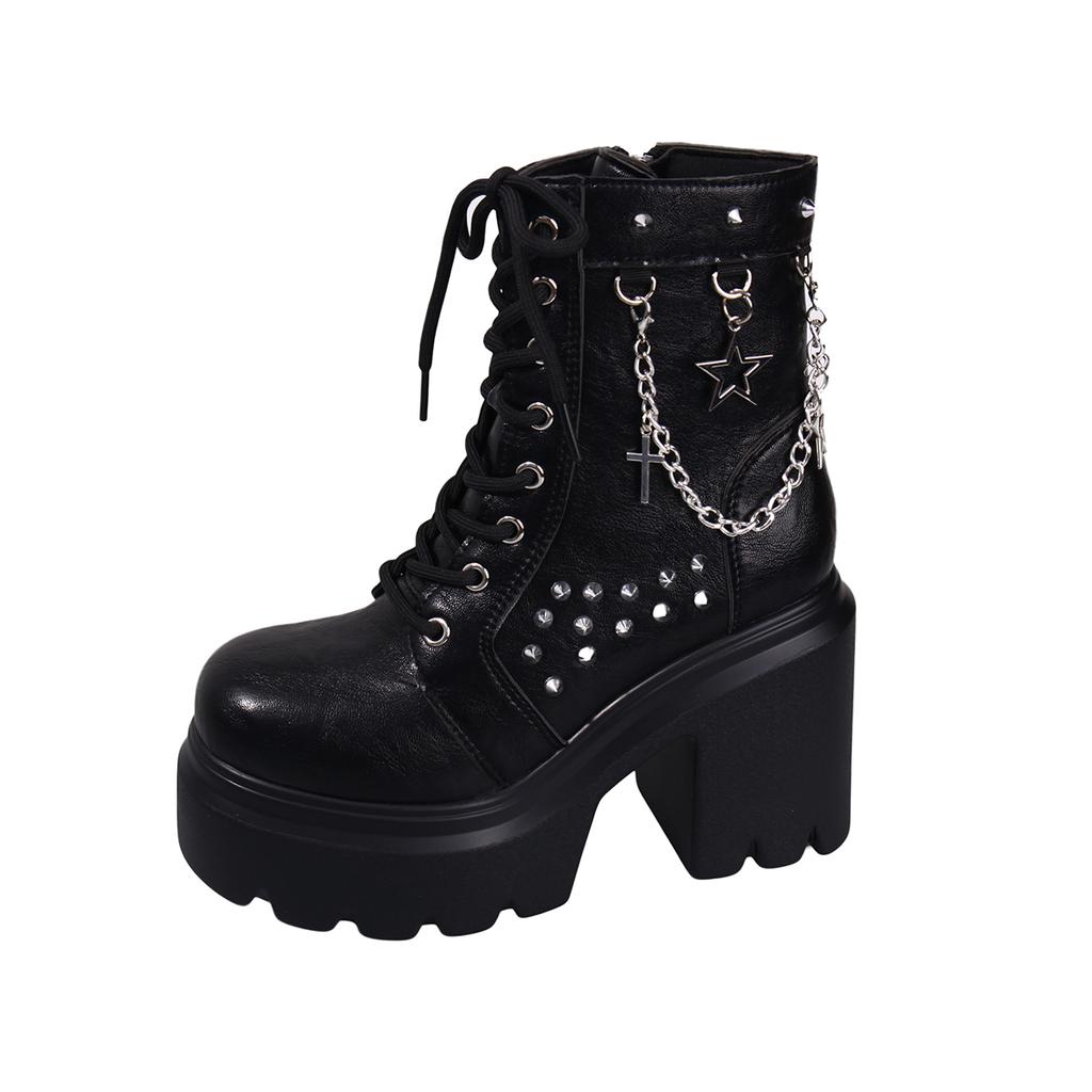 Platform Booties Fashion Round Toe Rivet Metal Buckle Soft Sole Anti-Slip Wear-Resistant High Heels