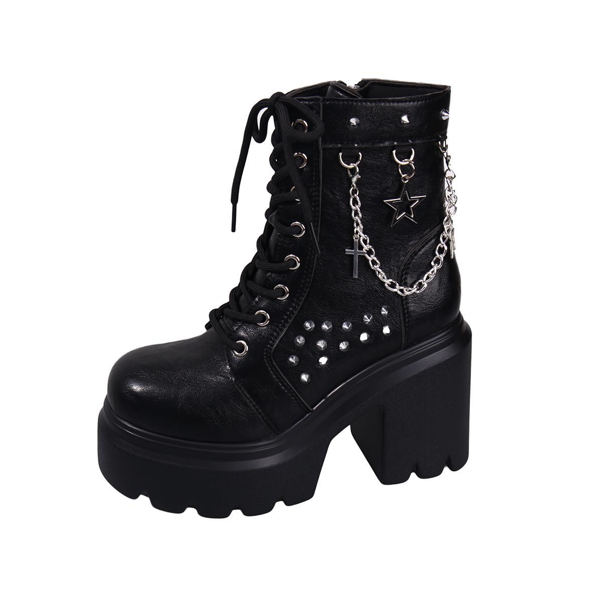 

Platform Booties Fashion Round Toe Rivet Metal Buckle Soft Sole Anti-Slip Wear-Resistant High Heels 42
