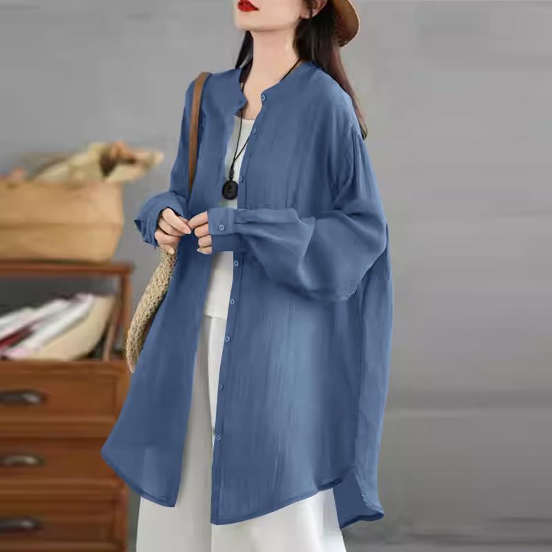 ZANZEA Dame Casual Rund Hals Ensfarget Løs Langermet Bluse