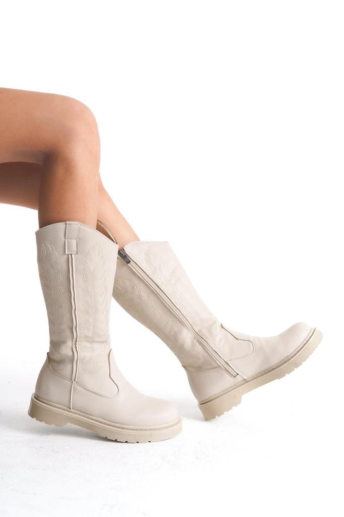 Moderne, stilvolle Mode-Stiefel für Damen, Kunstleder, hellbraun, matt, bestickter Reißverschluss, Western-Cowboystiefel