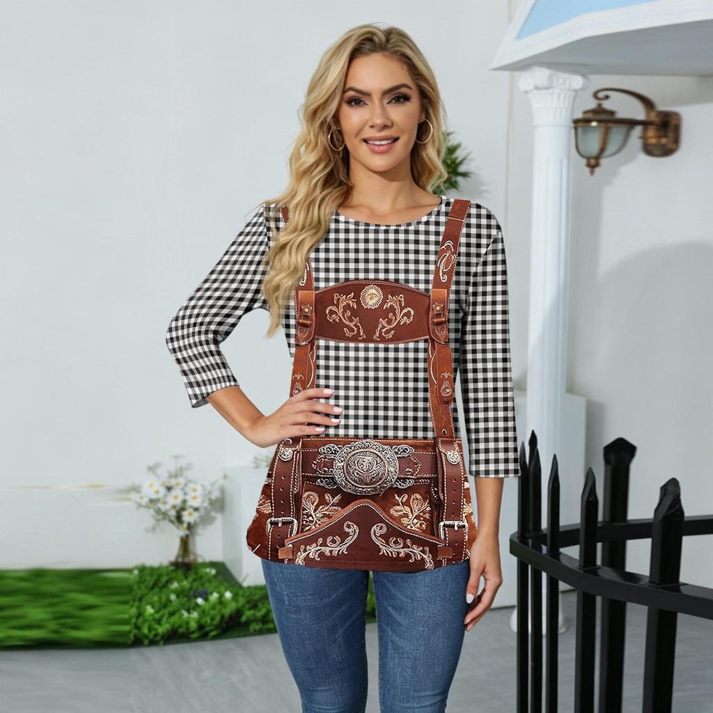 Women's Fashion Casual Three Quarter Sleeve Oktoberfest Print Round Neck Top Suitable for Seasonal Wear and Daily Casual Outfits
