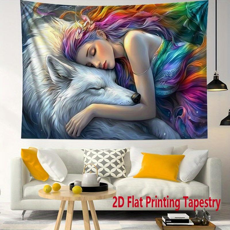 Colorful Woman Wolf Fantasy Tapestry Artistic Dream Wall Hanging Mythical Decor Bedroom Print