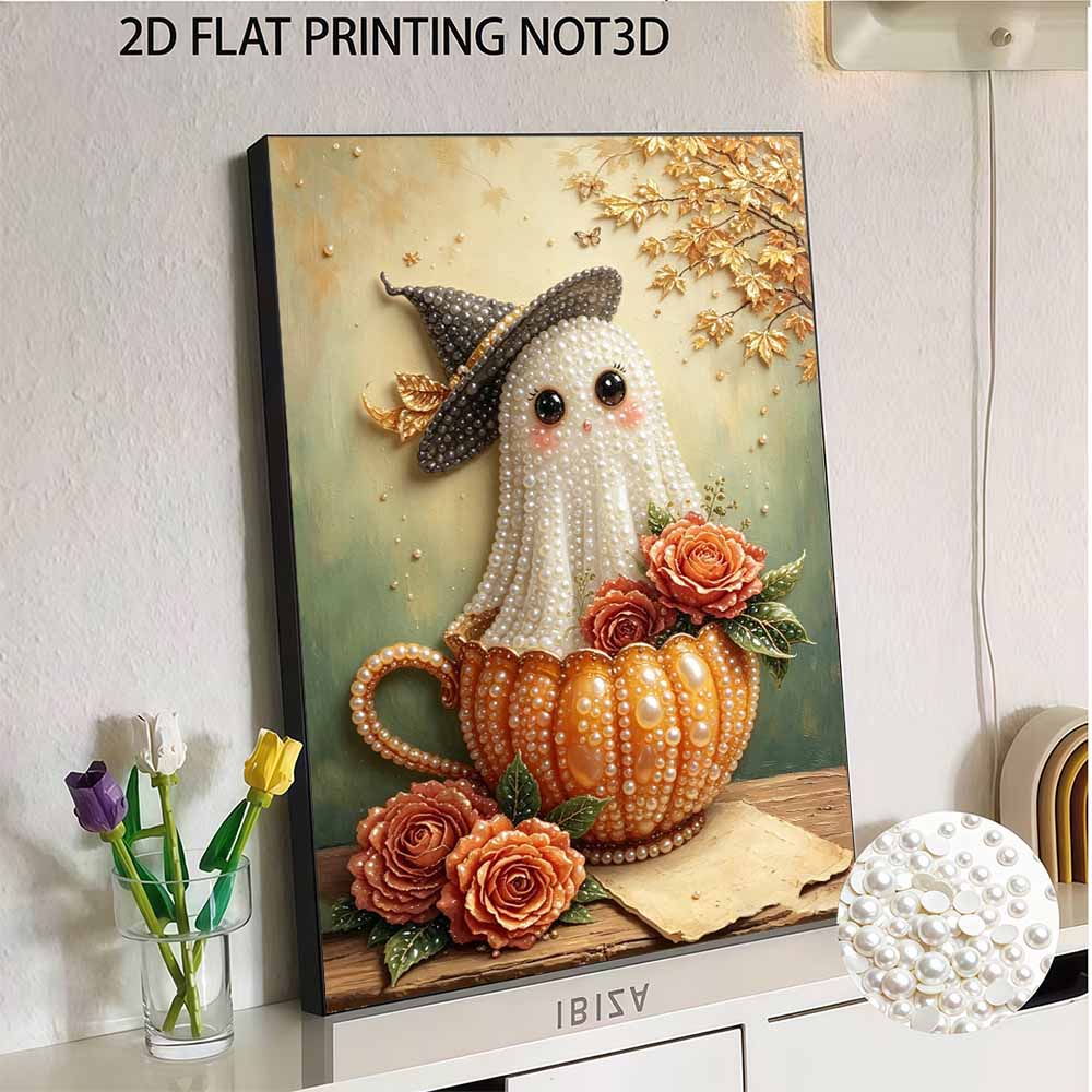 DIY rahmenloses Perlenmalerei-Set Niedliches Geister-in-Kürbisbecher-Muster 3D glänzende Perlenkunst-Leinwand Entspannende kreative Heimdekoration Bastelgeschenk