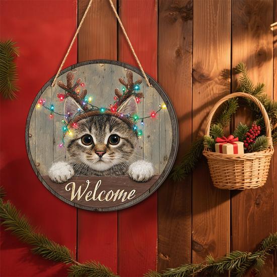 Wooden Door Sign Christmas Welcome Sign, Animal Round Hanging Decor, Cute Wall Art Farmhouse Ornament for Window Garden Holiday Decor Plaque