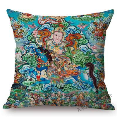 Colorful Blue Buddhism Artwork Bodhisattva Fortune God Sakyamuni Tangka Buddha Painting Sofa Pillow Case Linen Cushion Cover