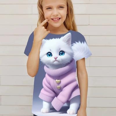 חתלתול מקסים הדפס גרפי לילדים חולצות חולצות עם צווארון קצר חולצות טריקו מזדמנים לילדים ילדה קיץ ספורט חיצוני