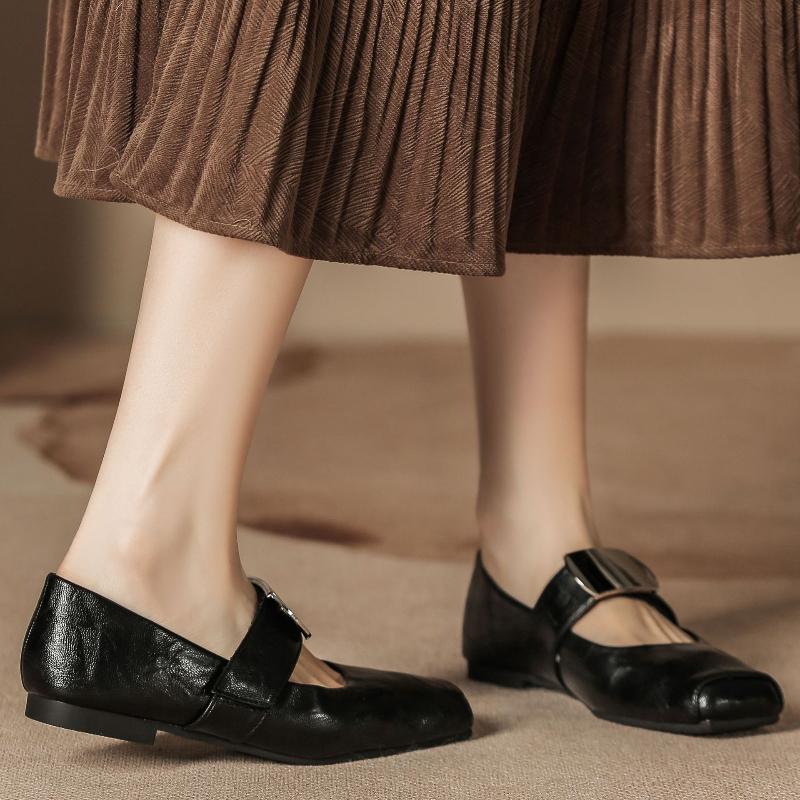 Women Spring Mary Jane Flats Soft Sole Metal Accent Slip-On Shoes H83-1 Chunky Platform Slingback Casual Leather