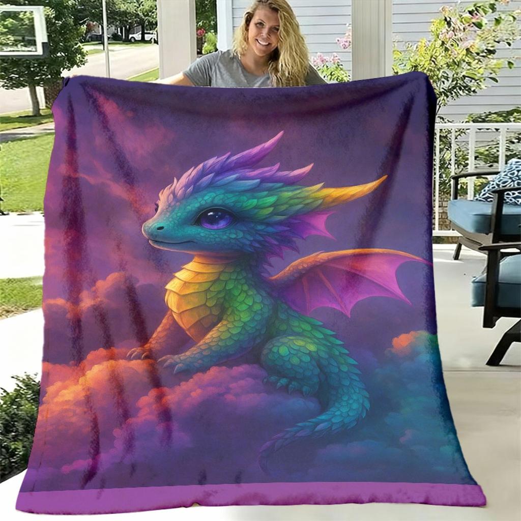 1pc Dragon Design Blanket - Purple & Blue Hues Lightweight Flannel Throw, Digital Print Soft Warm All-Season Blanket for Sofa, Camping, Bed, Office -