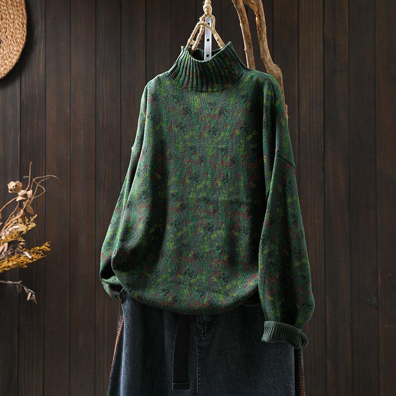 Women's Long Sleeve Turtleneck Sweater Mock Neck Floral Vintage Japanese Casual Pullover Knit Top