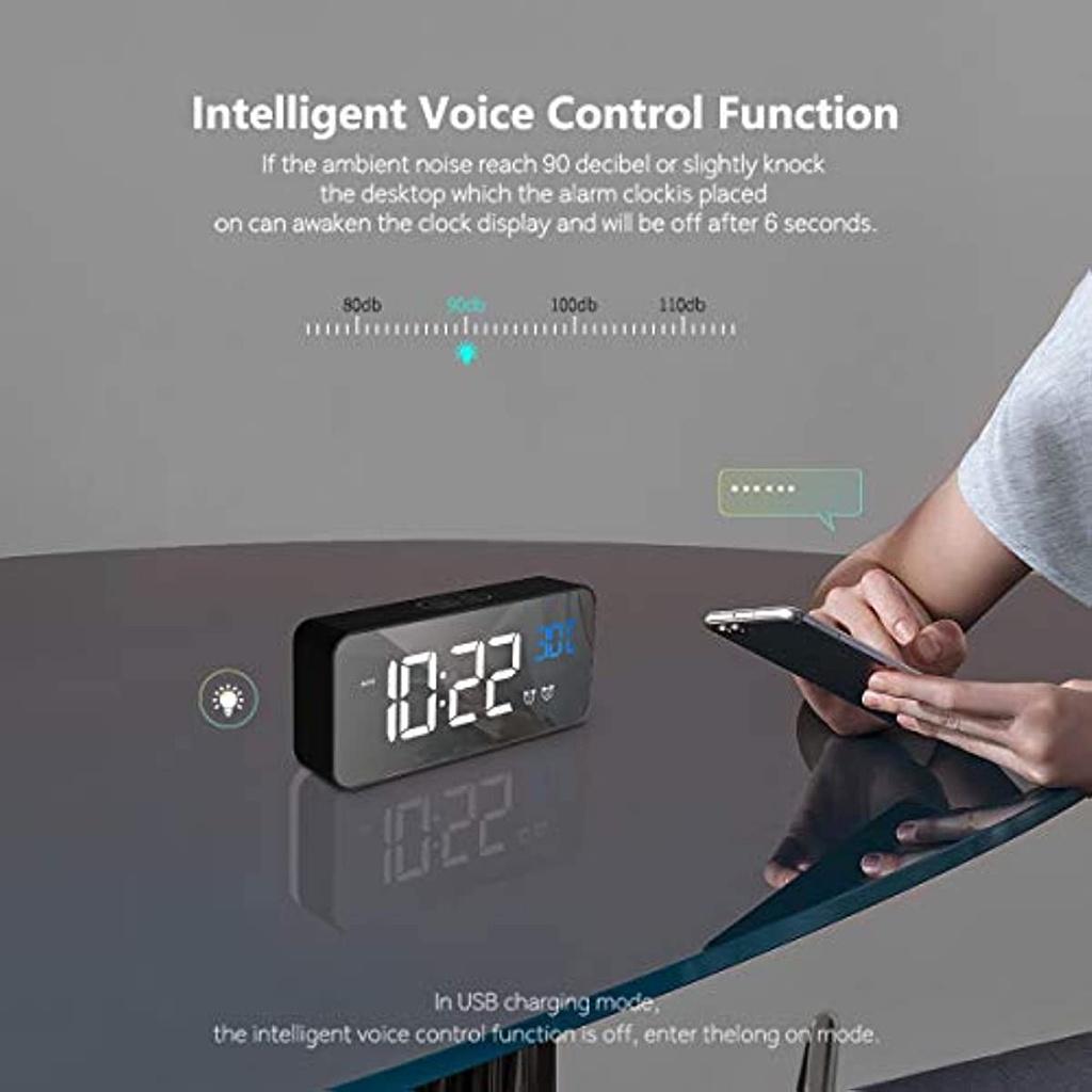Digital Alarm Clock, Alarms With Size LED Display, Portable Mirror Alarm Clock With Double Alarm, Smart Alarm Clock, Snooze 4 Levels Of Bright