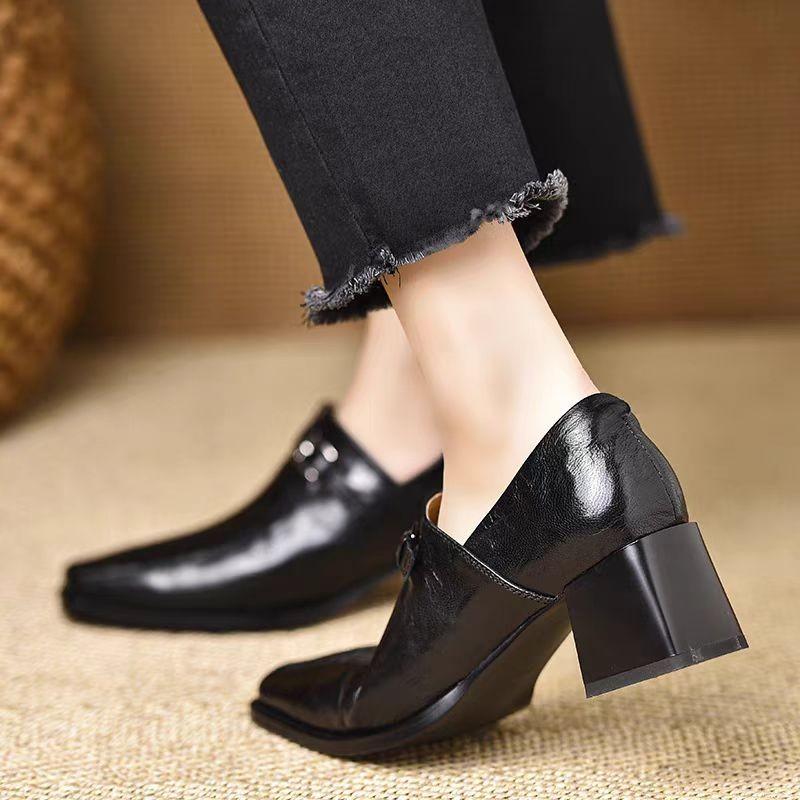 Fashion Women High Heels Square Toe Leather Shoes Winter 2025 Trend Chelsea Casual Chunky Shoes Elegant Office Pumps Zapatillas Mujer