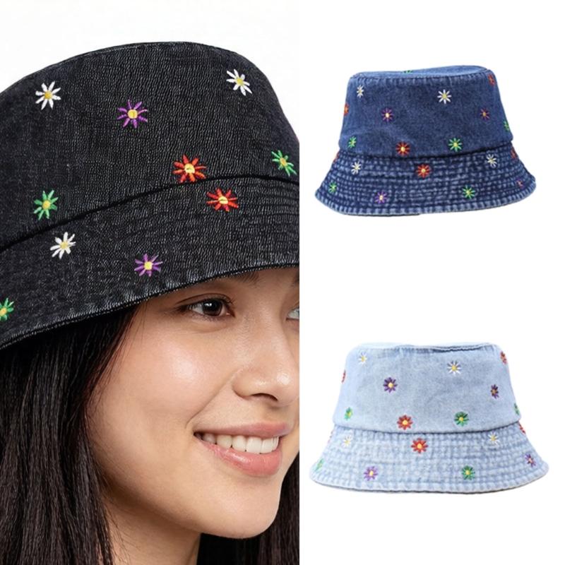 Stylish Jeans Flower Pattern Bucket Hat Extended Edge Shade Guard Unisex Warm Season Shore Hat for Various Occasion