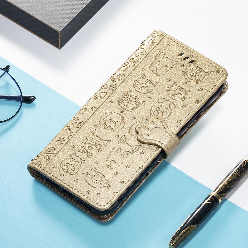 iPhone 16 Flip Leather Case - PU Embossed Cat Dog Design - Compatible with Apple 15